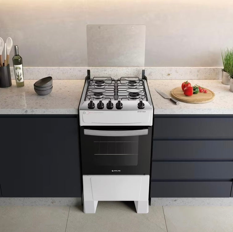 Fogão 4 Bocas Branco com Mesa Inox Atlas Atenas Bivolt - Bivolt